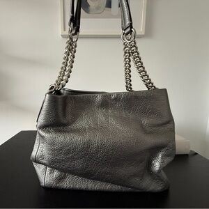 Coach Phoebe Metallic Gray Pebbled Leather Shoulder Bag with Chain Straps